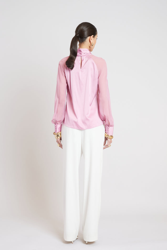 Elie Tahari Silk Chiffon Sleeve Tie Shirt CRYSTAL PINK