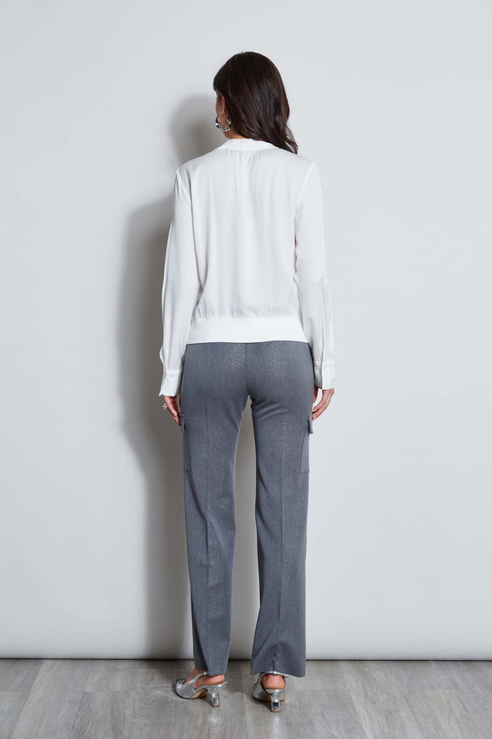 Elie Tahari Silk Contour Neck Rib Trim Shirt FRESH PEARL