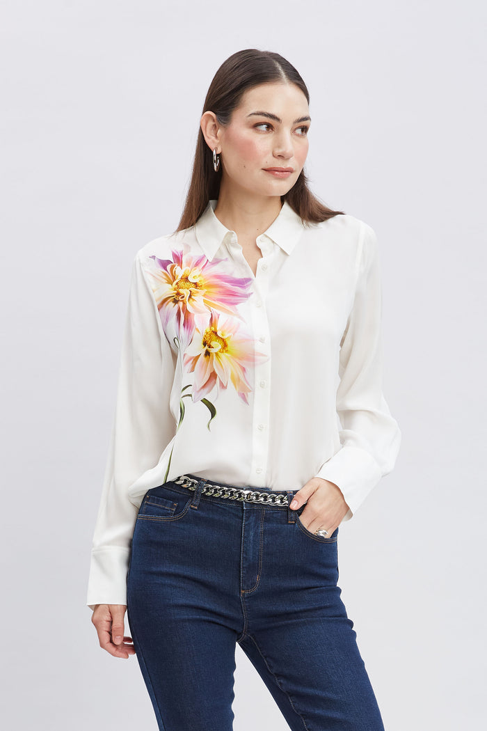 Elie Tahari Silk Dahlia Button Down Shirt FOAM MULTI