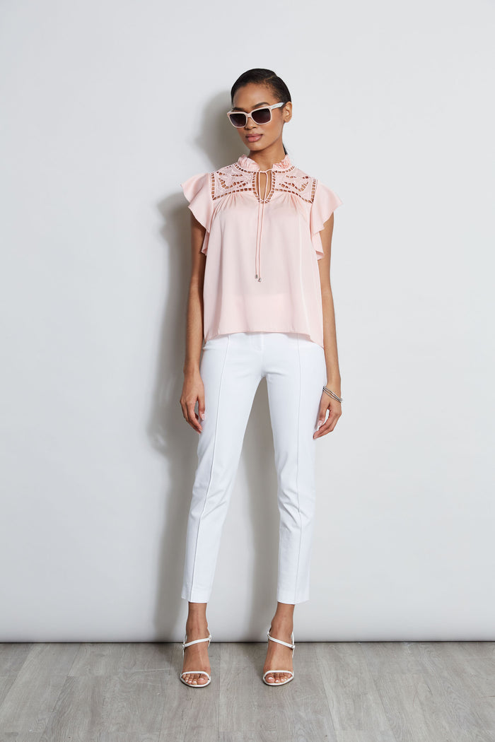 Elie Tahari Silk Embroidered Flutter Sleeve Shirt PINK FIZZ