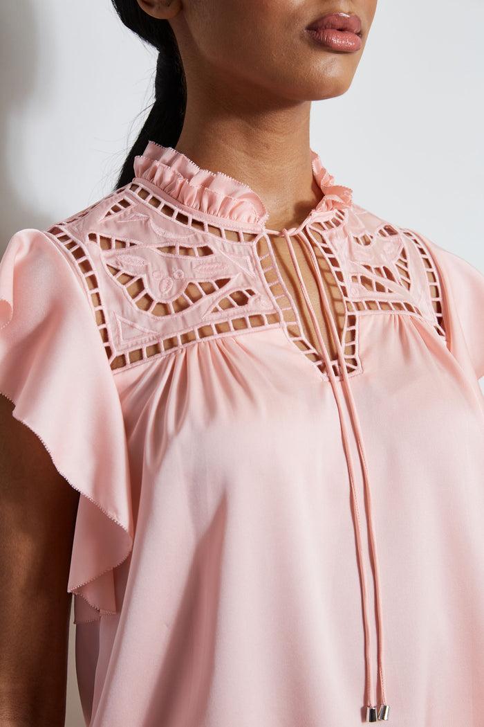 Elie Tahari Silk Embroidered Flutter Sleeve Shirt PINK FIZZ