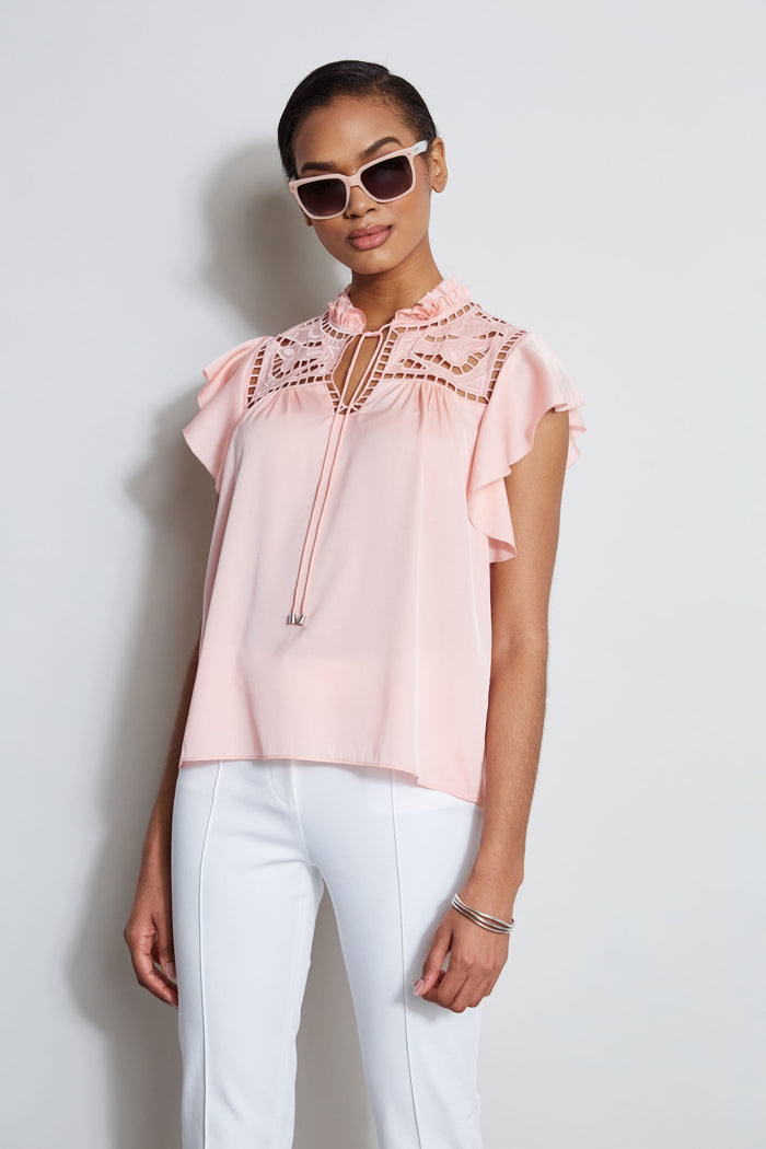 Elie Tahari Silk Embroidered Flutter Sleeve Shirt PINK FIZZ