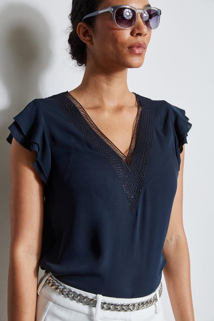 Elie Tahari Silk Flutter Sleeve Embroidered Shirt STARGAZER