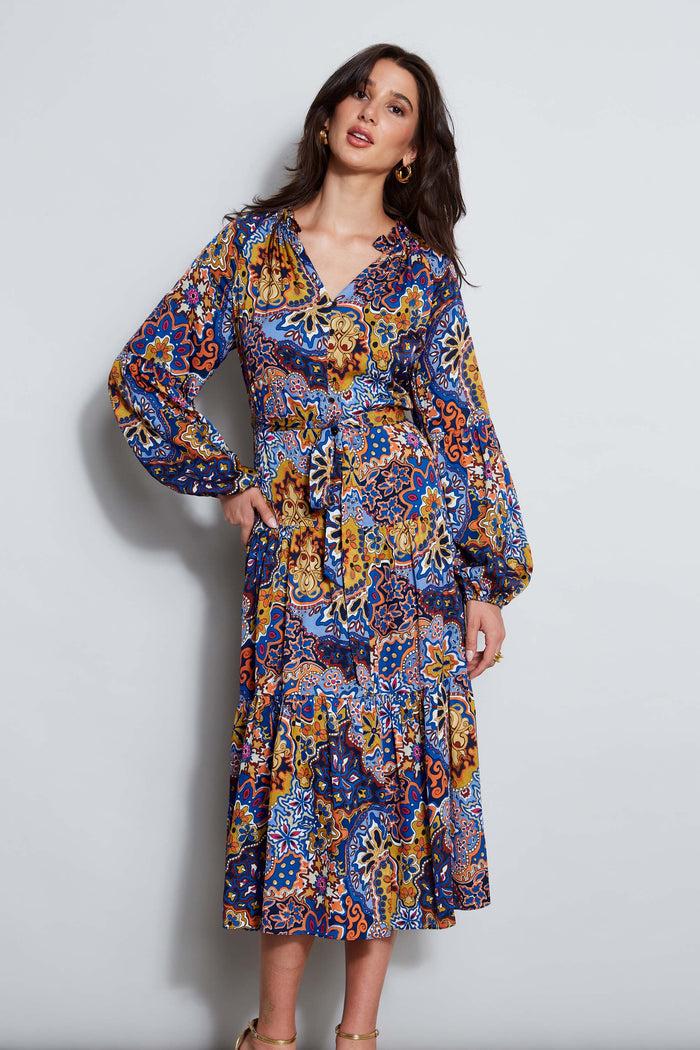 Elie Tahari Silk Night Garden Midi Dress NIGHT GARDEN PRINT