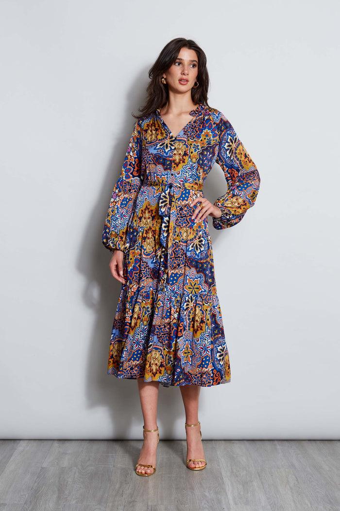 Elie Tahari Silk Night Garden Midi Dress NIGHT GARDEN PRINT