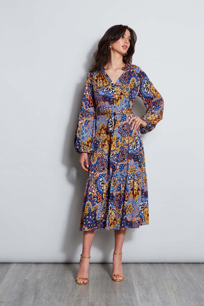 Elie Tahari Silk Night Garden Midi Dress NIGHT GARDEN PRINT