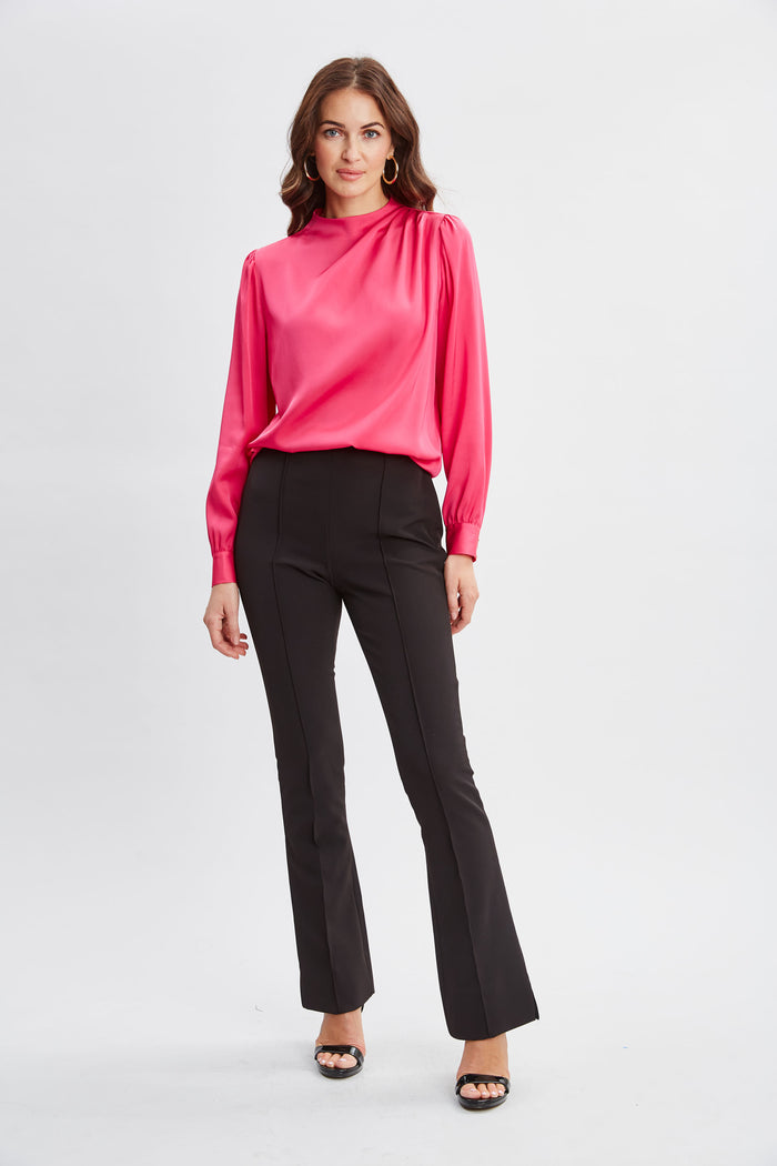 Elie Tahari Silk Pleated Draped Neck Shirt HAUTE PINK
