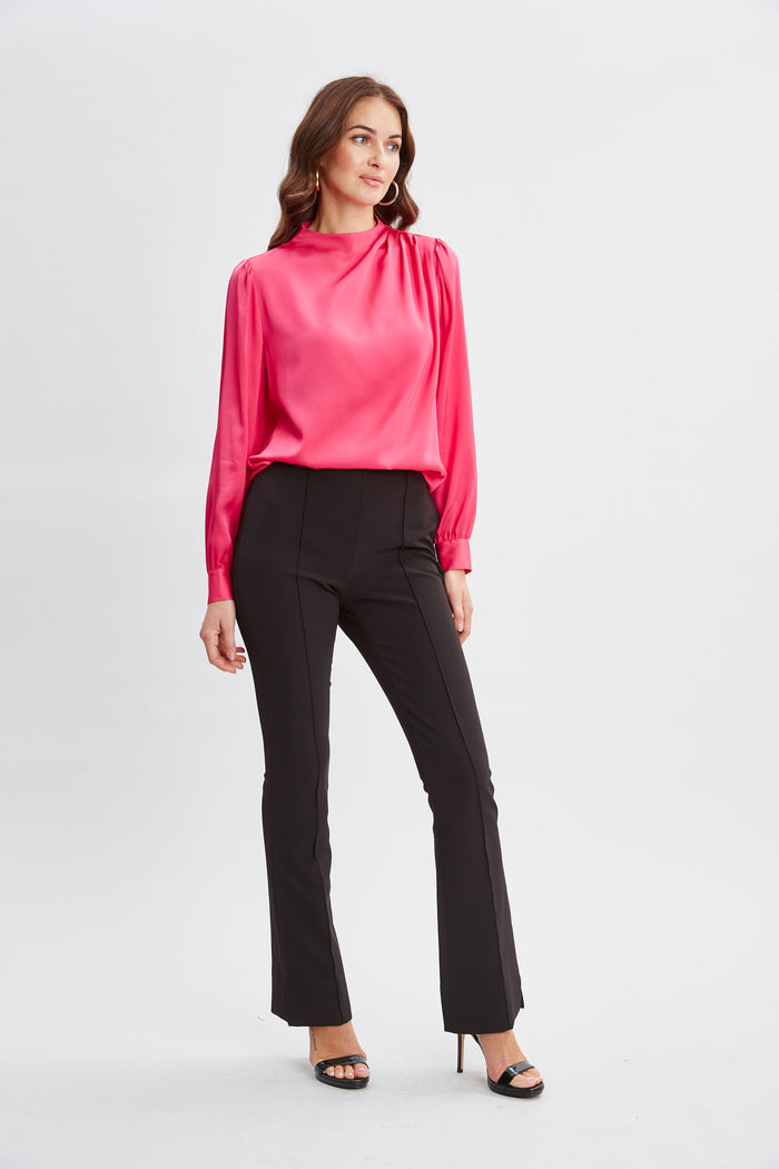 Elie Tahari Silk Pleated Draped Neck Shirt HAUTE PINK