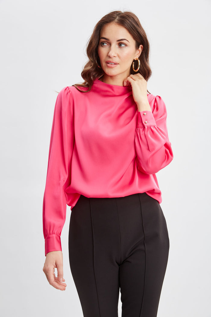 Elie Tahari Silk Pleated Draped Neck Shirt HAUTE PINK