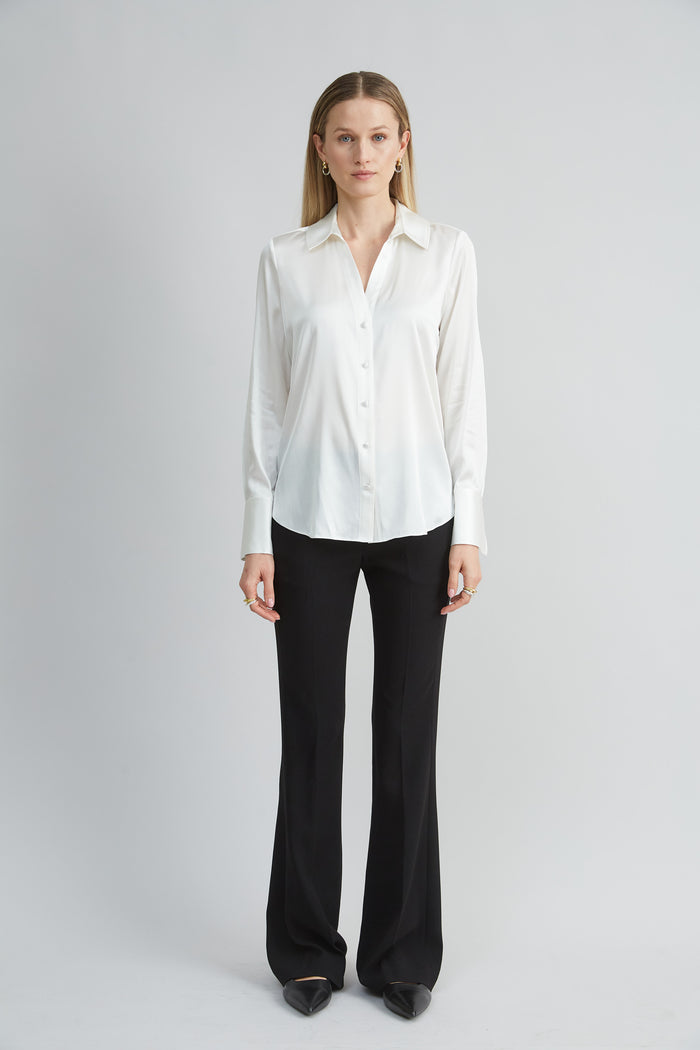 Elie Tahari Silk Satin Button Down Shirt FRESH PEARL