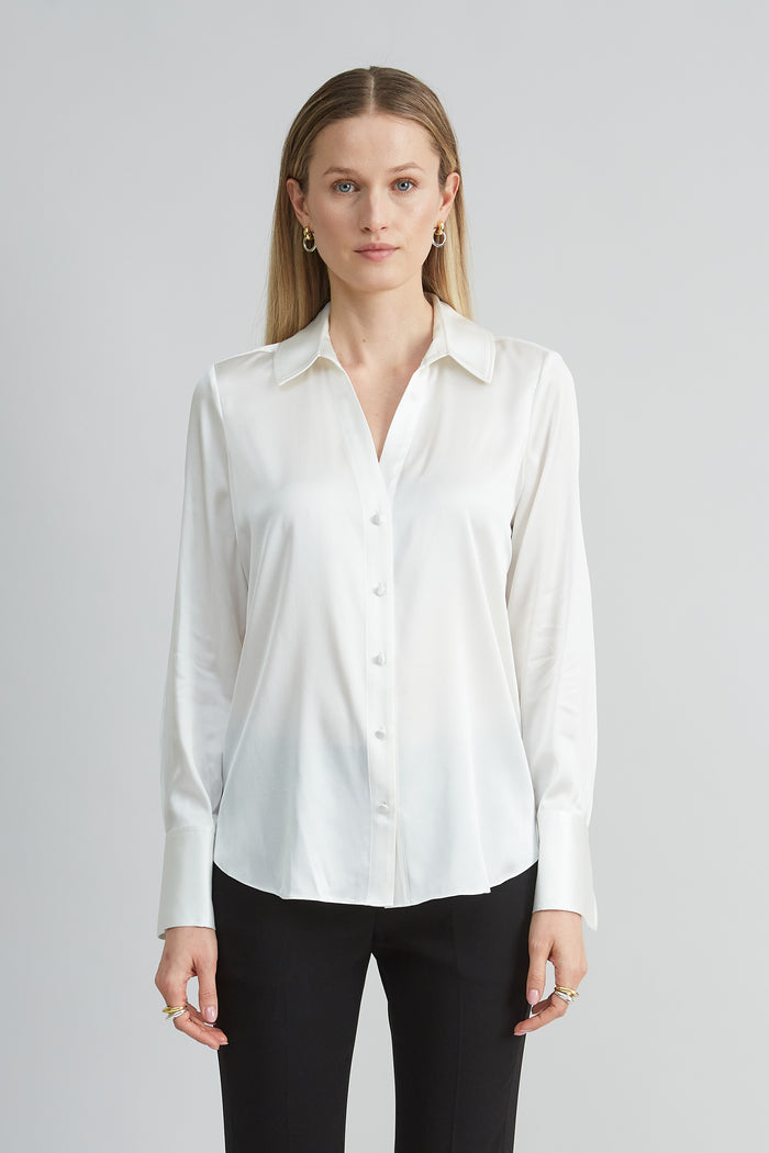 Elie Tahari Silk Satin Button Down Shirt FRESH PEARL