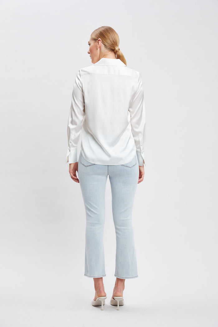 Elie Tahari Silk Satin Button Down Shirt FRESH PEARL