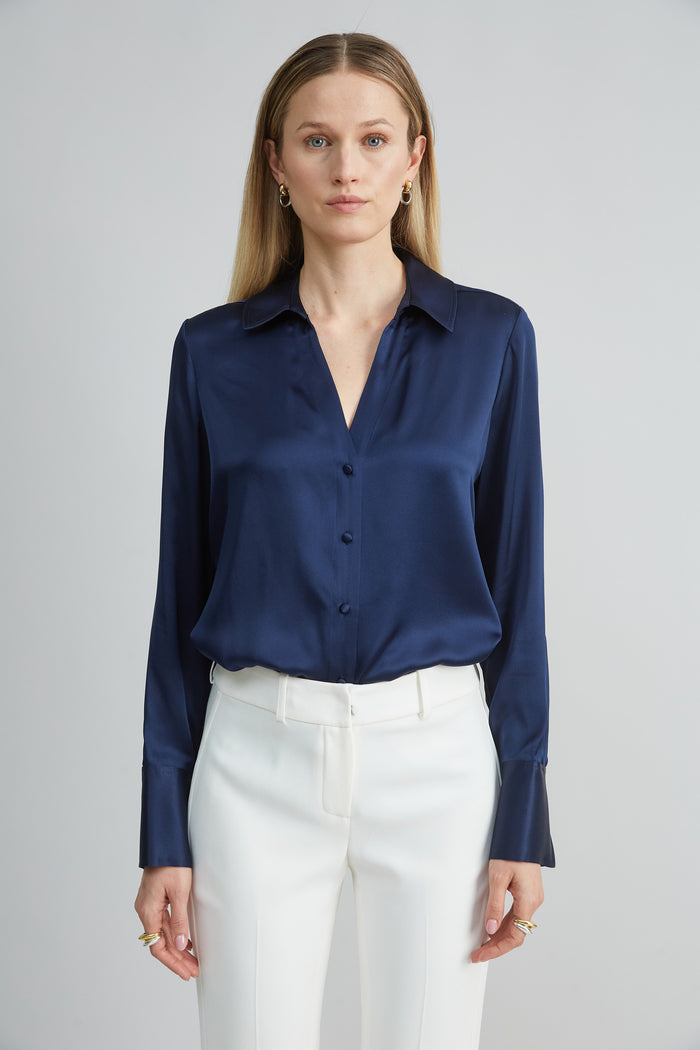 Elie Tahari Silk Satin Button Down Shirt GALAXY NAVY