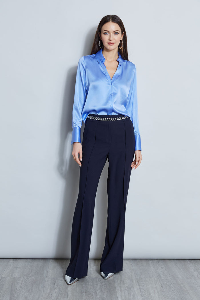 Elie Tahari Silk Satin Button Down Shirt HORIZON BLUE