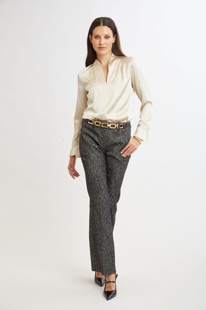 Elie Tahari Silk Satin Contour Neck Ruffle Cuff Shirt DRIFTWOOD