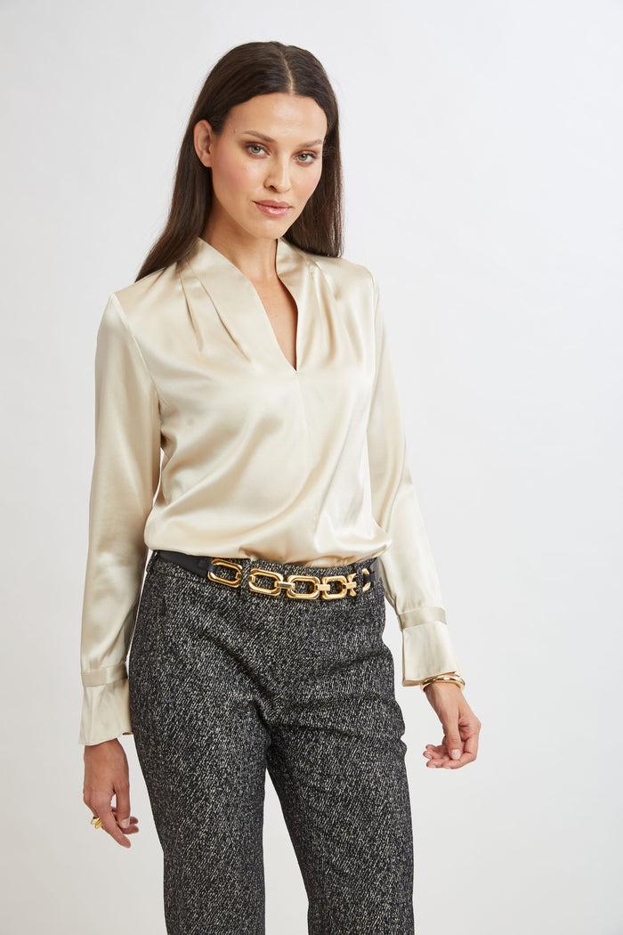 Elie Tahari Silk Satin Contour Neck Ruffle Cuff Shirt DRIFTWOOD