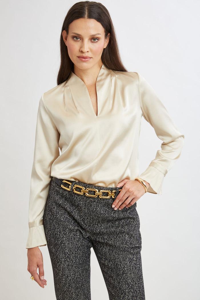 Elie Tahari Silk Satin Contour Neck Ruffle Cuff Shirt DRIFTWOOD