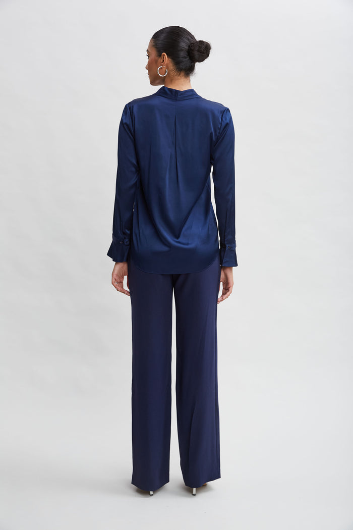 Elie Tahari Silk Satin Contour Neck Ruffle Cuff Shirt MIDNIGHT