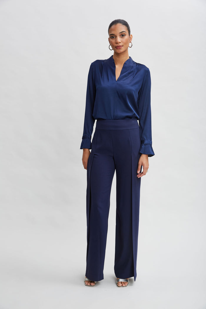 Elie Tahari Silk Satin Contour Neck Ruffle Cuff Shirt MIDNIGHT