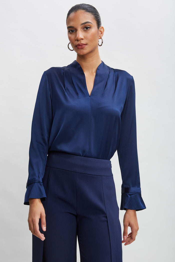 Elie Tahari Silk Satin Contour Neck Ruffle Cuff Shirt MIDNIGHT