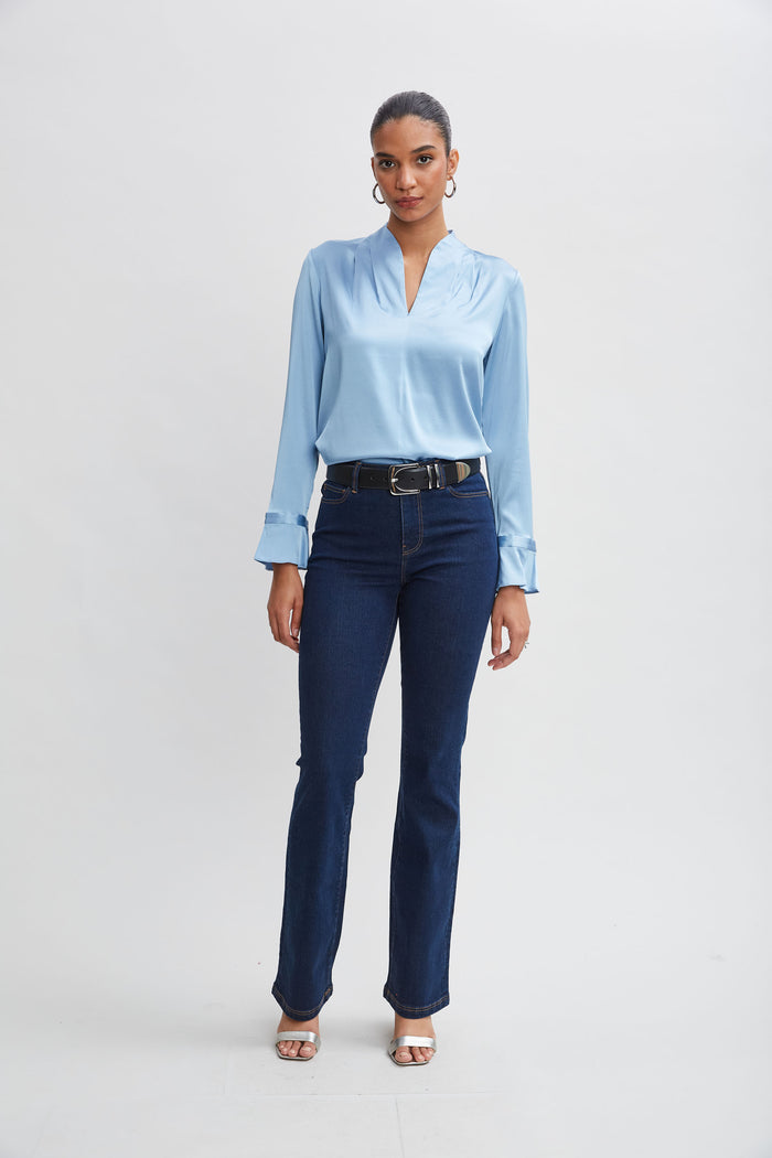 Elie Tahari Silk Satin Contour Neck Ruffle Cuff Shirt SKY BLUE