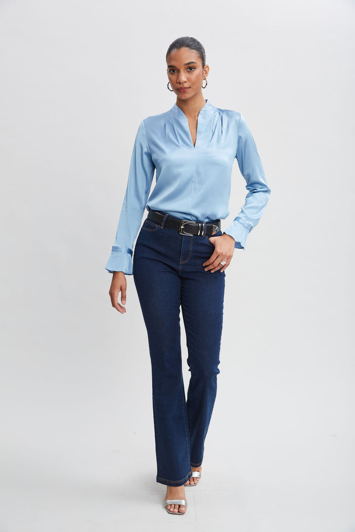 Elie Tahari Silk Satin Contour Neck Ruffle Cuff Shirt SKY BLUE