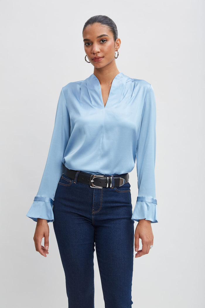 Elie Tahari Silk Satin Contour Neck Ruffle Cuff Shirt SKY BLUE