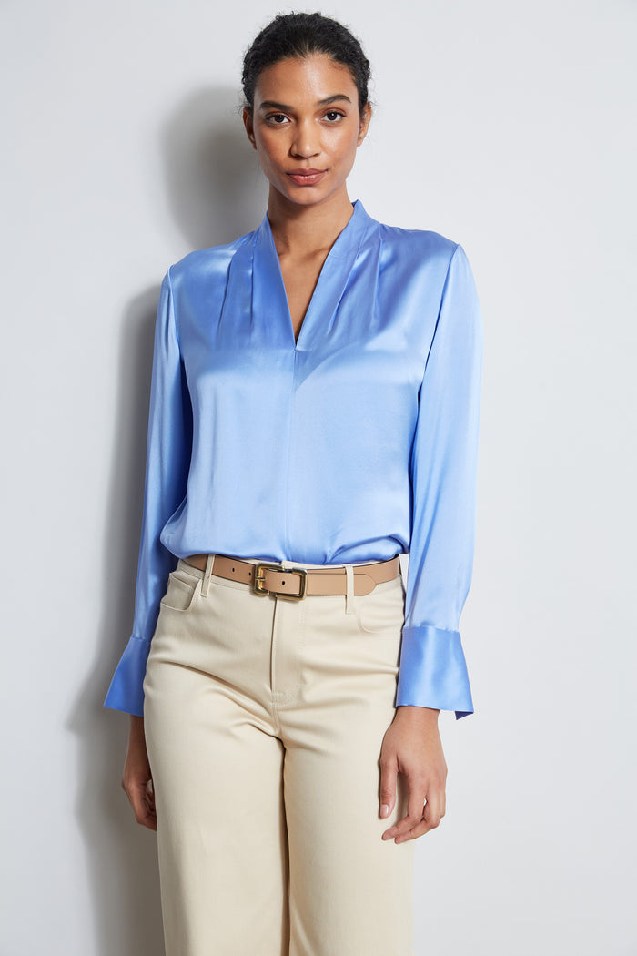 Elie Tahari Silk Satin Contour Neck Shirt HORIZON BLUE