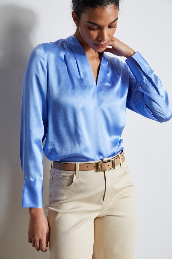 Elie Tahari Silk Satin Contour Neck Shirt HORIZON BLUE