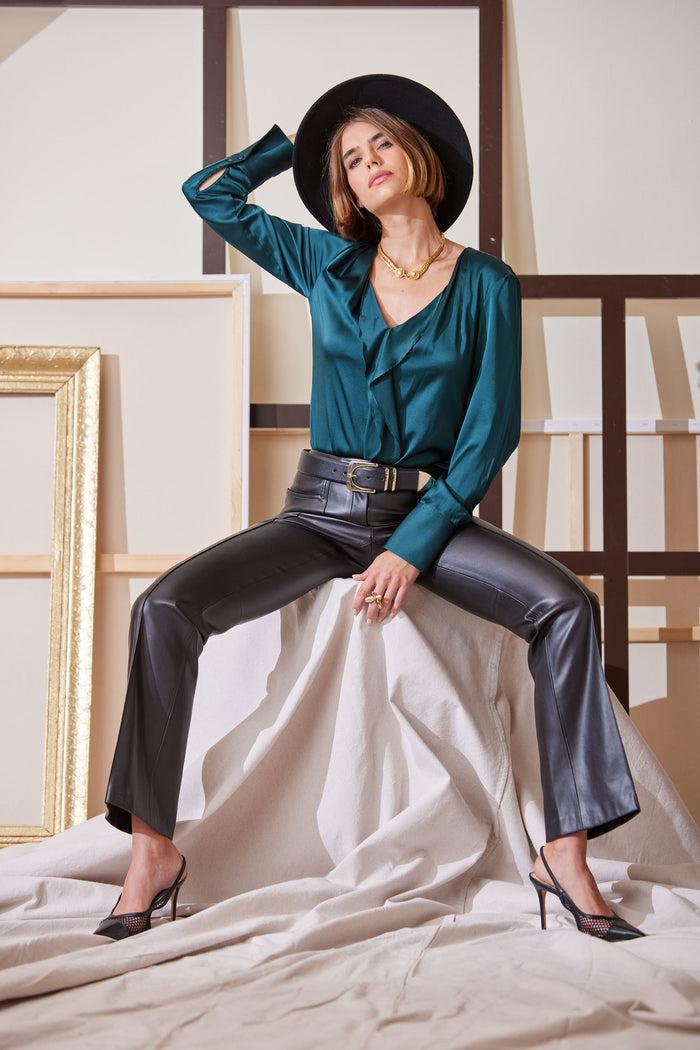 Elie Tahari Silk Satin Contour Ruffle Shirt FOREST GREEN