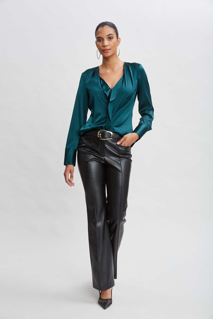 Elie Tahari Silk Satin Contour Ruffle Shirt FOREST GREEN