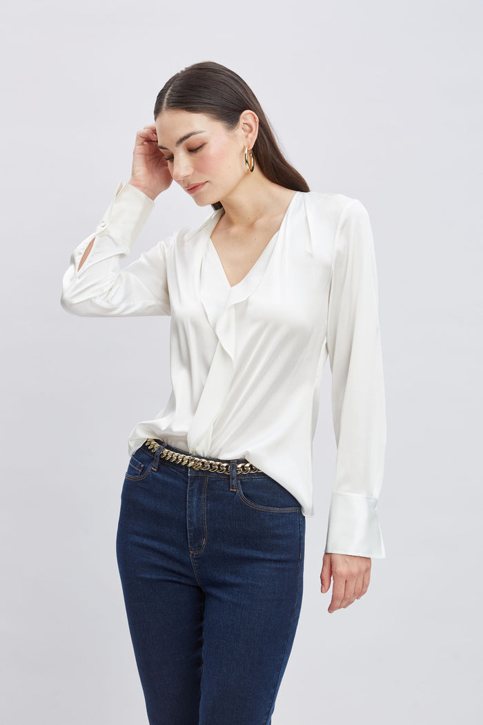 Elie Tahari Silk Satin Contour Ruffle Shirt FRESH PEARL