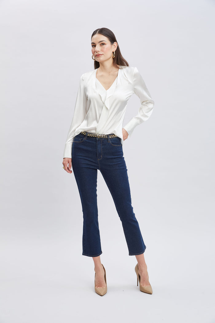 Elie Tahari Silk Satin Contour Ruffle Shirt FRESH PEARL