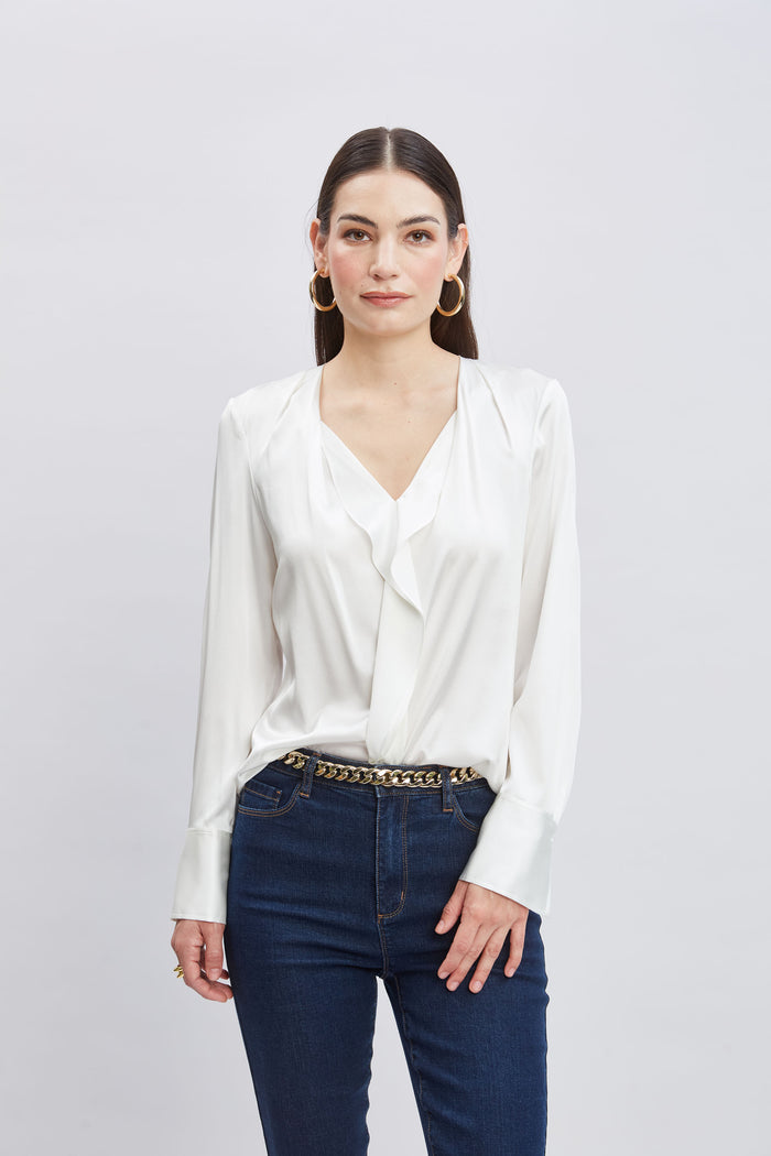 Elie Tahari Silk Satin Contour Ruffle Shirt FRESH PEARL