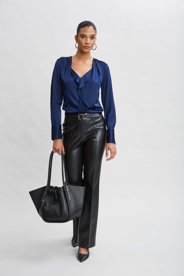 Elie Tahari Silk Satin Contour Ruffle Shirt MIDNIGHT