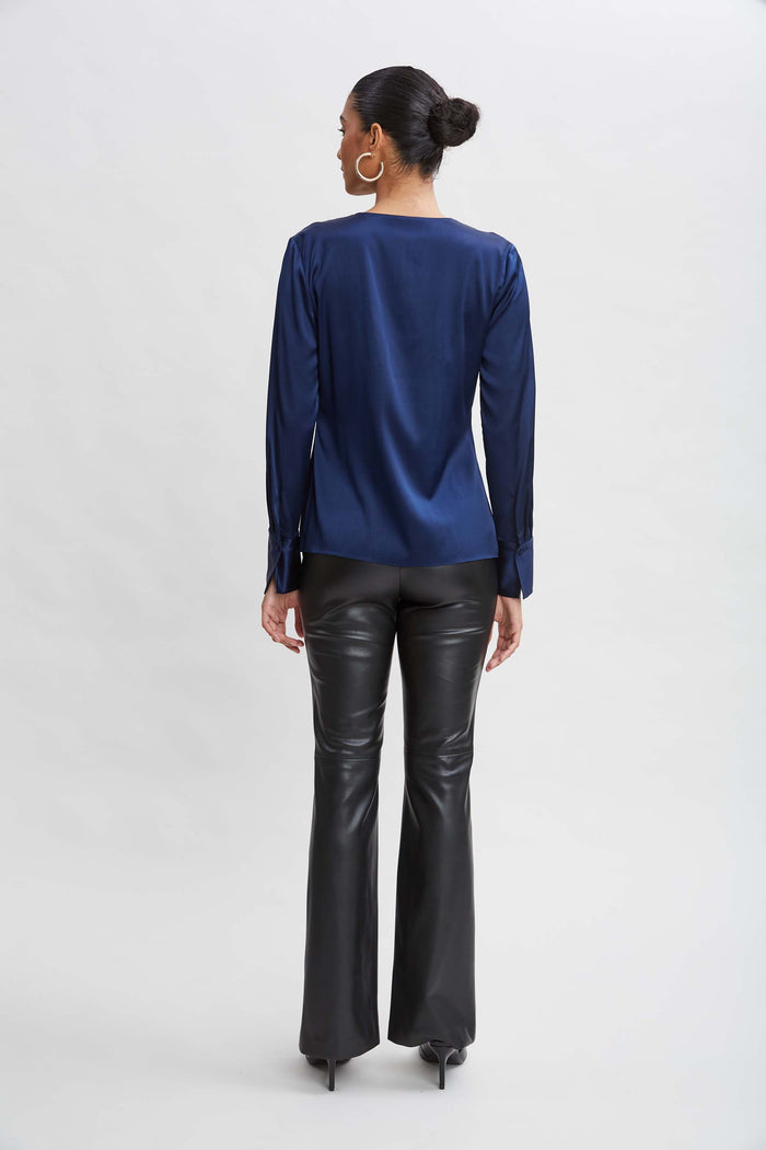 Elie Tahari Silk Satin Contour Ruffle Shirt MIDNIGHT
