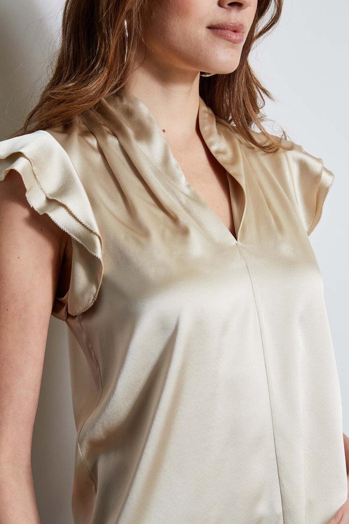 Elie Tahari Silk Satin Flutter Sleeve Shirt DRIFTWOOD