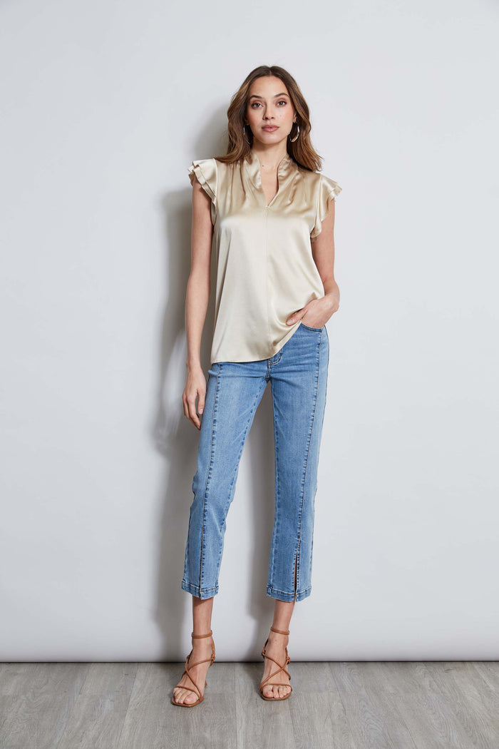 Elie Tahari Silk Satin Flutter Sleeve Shirt DRIFTWOOD