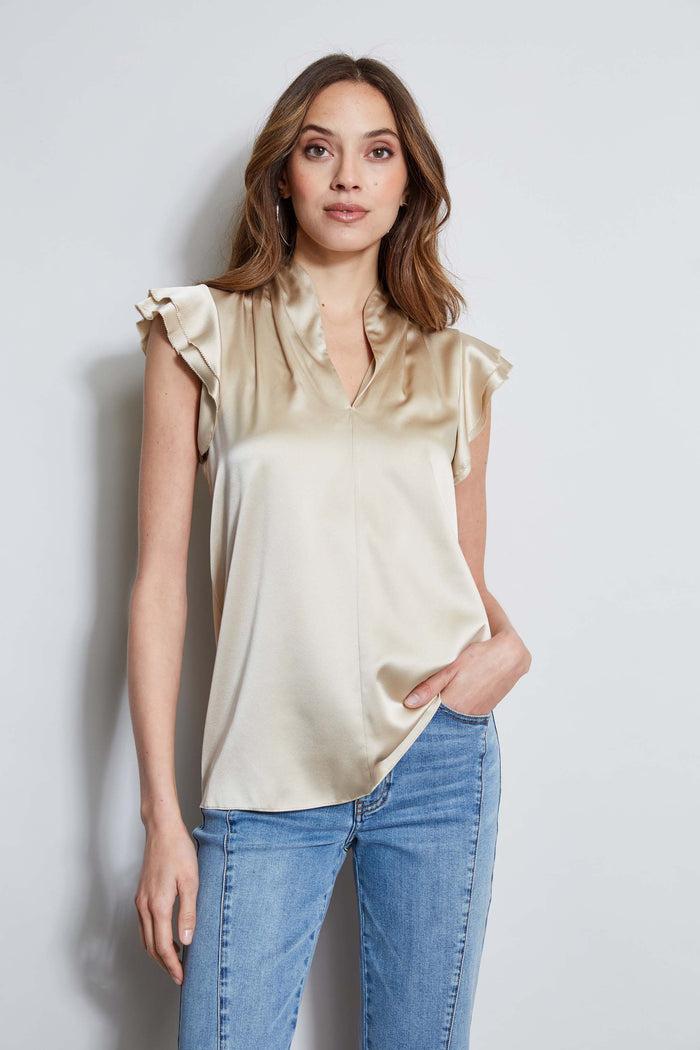 Elie Tahari Silk Satin Flutter Sleeve Shirt DRIFTWOOD