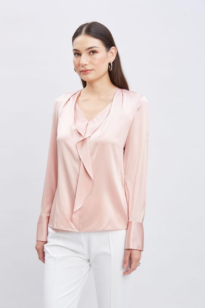 Elie Tahari Silk Satin Ruffle Contour Shirt PINK LEMONADE