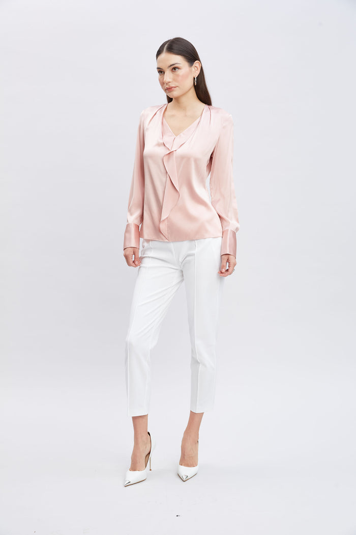 Elie Tahari Silk Satin Ruffle Contour Shirt PINK LEMONADE