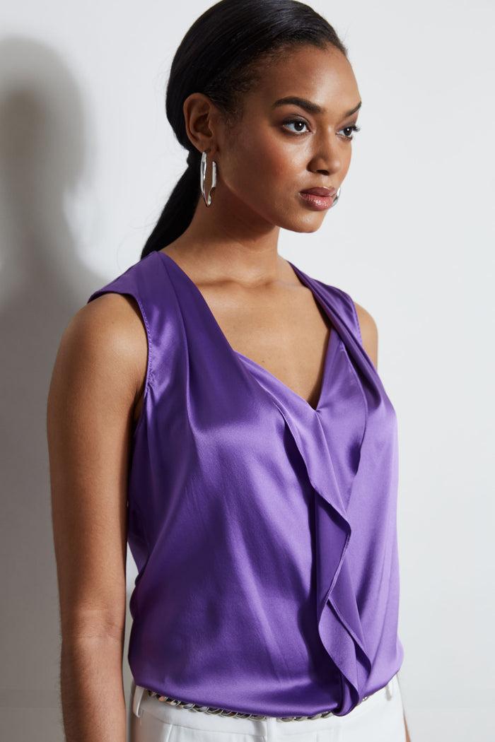 Elie Tahari Silk Satin Sleeveless Cascade Shirt VIOLET