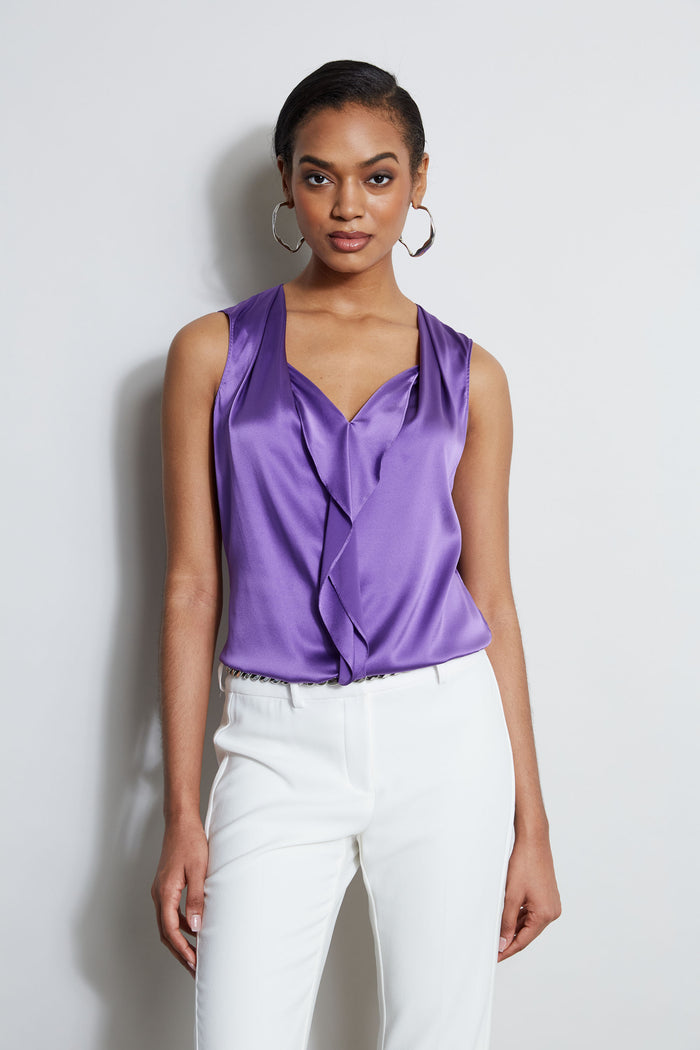 Elie Tahari Silk Satin Sleeveless Cascade Shirt VIOLET