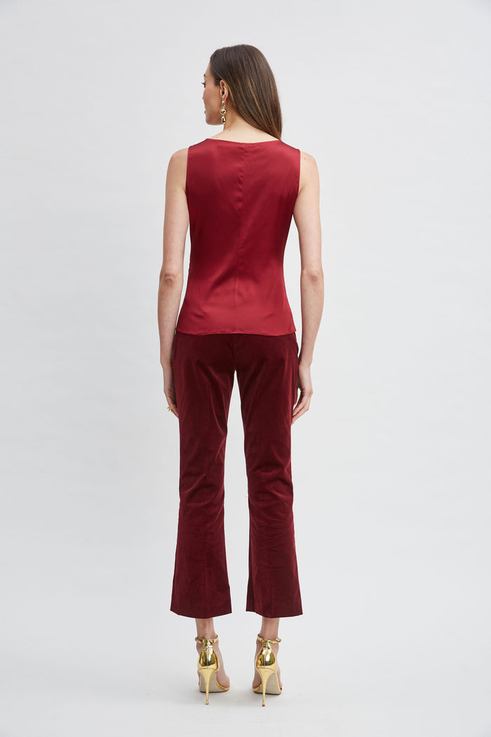 Elie Tahari Silk Satin Sleeveless Ruffle Top SANGRIA