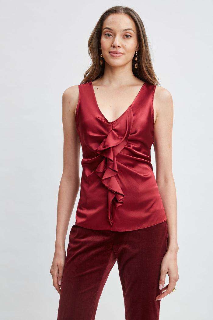 Elie Tahari Silk Satin Sleeveless Ruffle Top SANGRIA