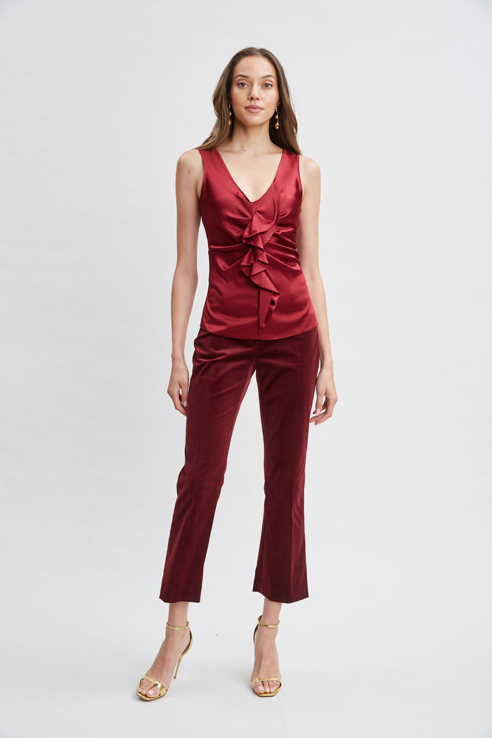 Elie Tahari Silk Satin Sleeveless Ruffle Top SANGRIA