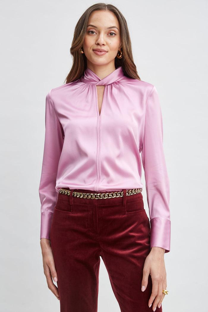 Elie Tahari Silk Satin Twist Neck Shirt CRYSTAL PINK