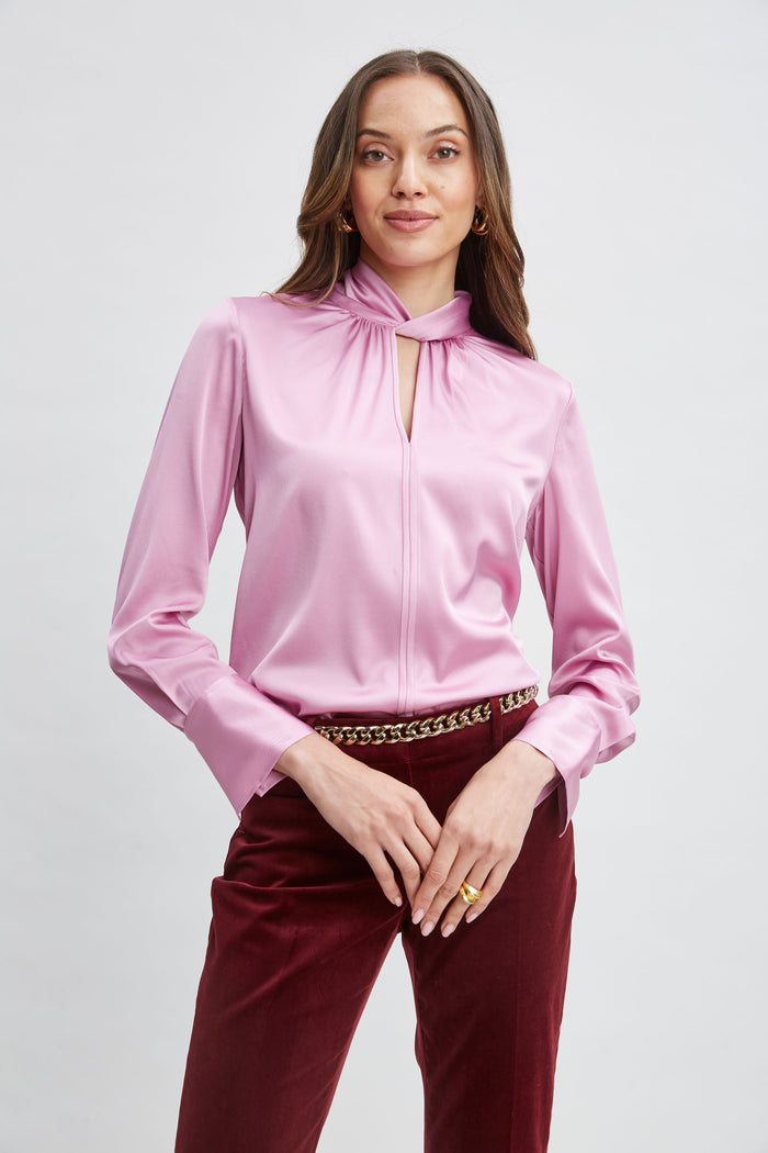 Elie Tahari Silk Satin Twist Neck Shirt CRYSTAL PINK