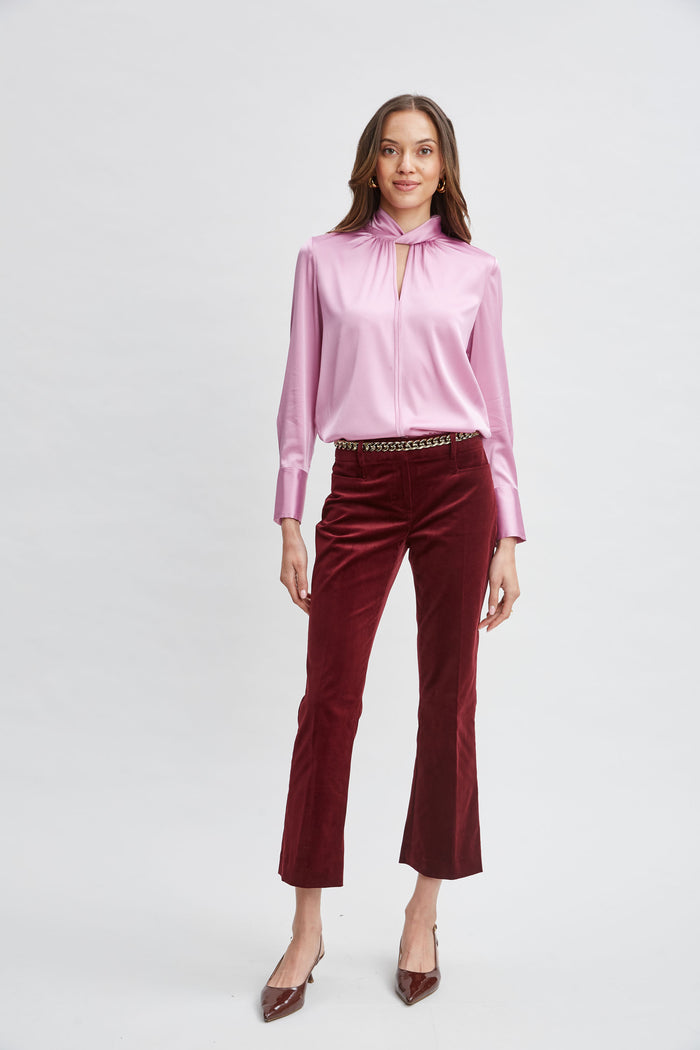 Elie Tahari Silk Satin Twist Neck Shirt CRYSTAL PINK