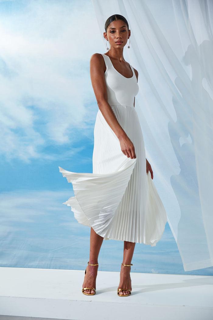 Elie Tahari Sleeveless Contour Pleated Midi Dress Sky White